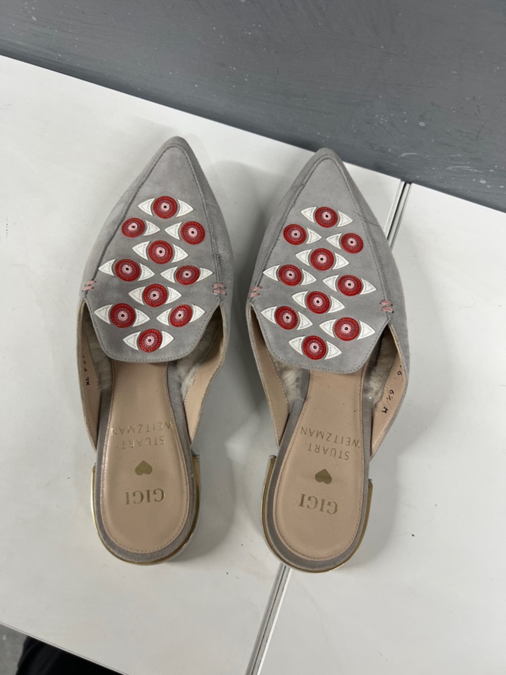 Stuart Weitzman Gray Suede Printed Pointed-Toe Mules